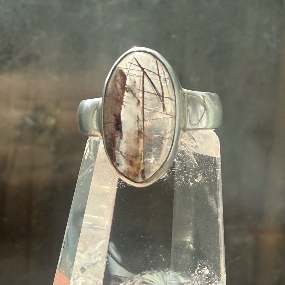 Sterling Silver Red Pink Rutile Quartz w Cacoxenite Wide band Ring size 7 - 7.5